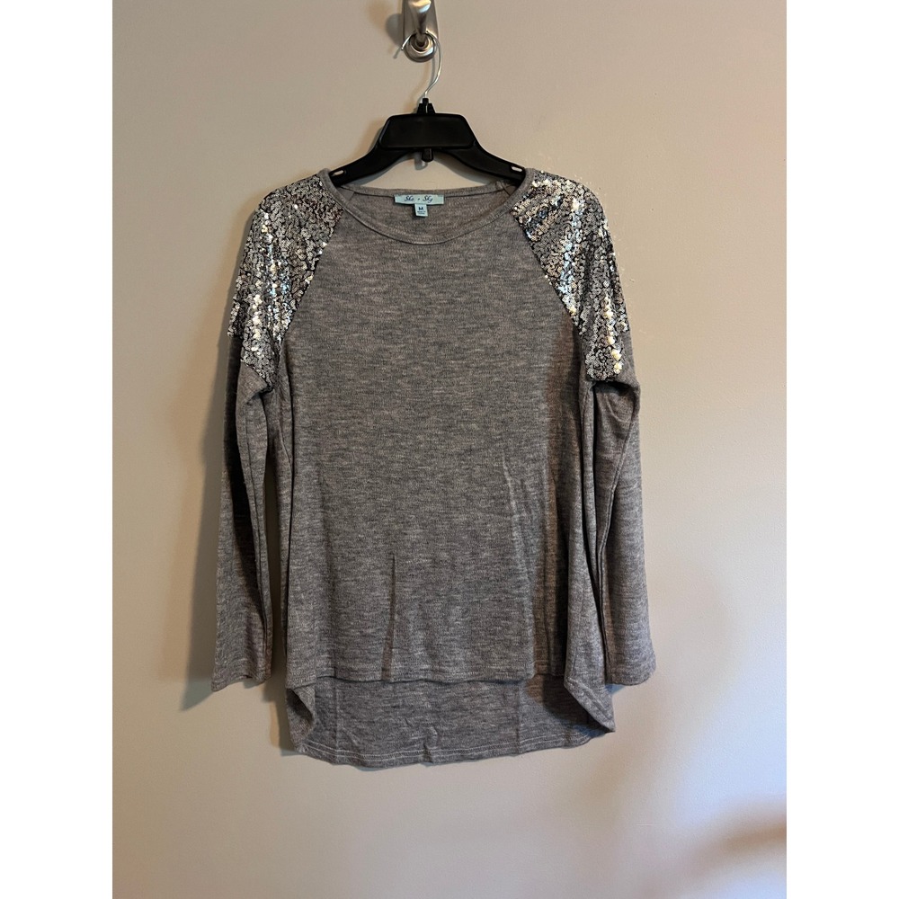 She + Sky Gray Sequin Shoulder Raglan Knit Sweater SL6014RBAG Heather Gray M
